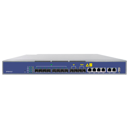 Front view of IURON IU-CEN-OLT-8GP-4G-2SFP+ compact Layer 3 GPON OLT with 8 PON ports and 10G SFP+ uplinks