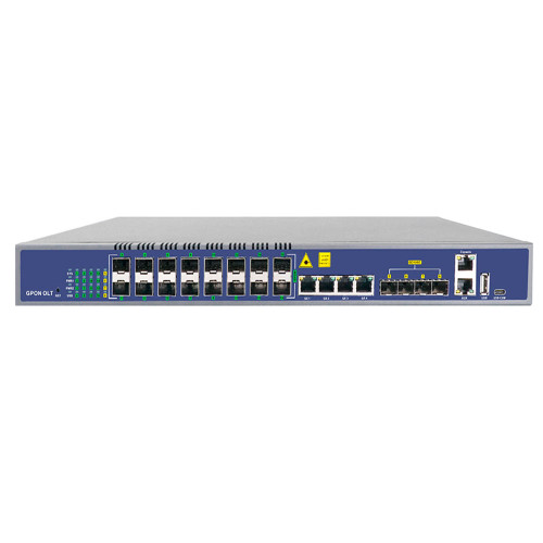 Front view of IURON IU-CEN-OLT-16GP-4G-4SFP+ Layer 3 GPON OLT with 16 PON ports and SFP+ uplinks
