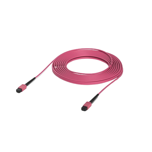 Angled front view of the Ubiquiti UACC-OFC-MA-MPMP-3M showing the rose-colored LSZH cable neatly coiled with MPO-12 UPC connectors