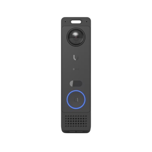 Front view of Ubiquiti UVC-G6-Entry showing the camera lens, integrated microphone, status indicator, illuminated doorbell button and speaker grille