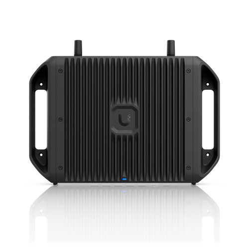 Ubiquiti UCG-Industrial UniFi Cloud Gateway front view with 10GbE SFP+, 10G RJ45 WAN/LAN and multiple 2.5GbE PoE ports