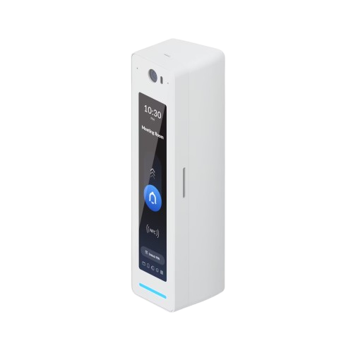 Angled front view of Ubiquiti UACC-Reader-Pro-AM-W showing the Access Reader Pro installed inside the white angle mount