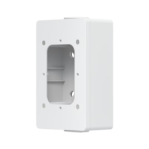 Angled rear view of the Ubiquiti UACC-Reader-JB-W highlighting the recessed cable routing opening and mounting holes