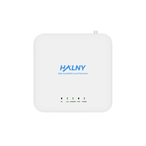 HALNy HLX-1TLV XGS-PON ONT front view with status LEDs and 10G fiber terminal design