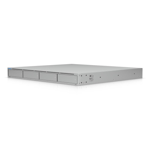Ubiquiti UNAS-Pro-4 angled front view showing 4-bay 1U rackmount UniFi NAS enclosure