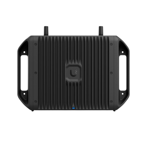 Front view of Ubiquiti UCG-Industrial-US showing the ribbed black enclosure, status LED, dual external antennas, and mounting brackets