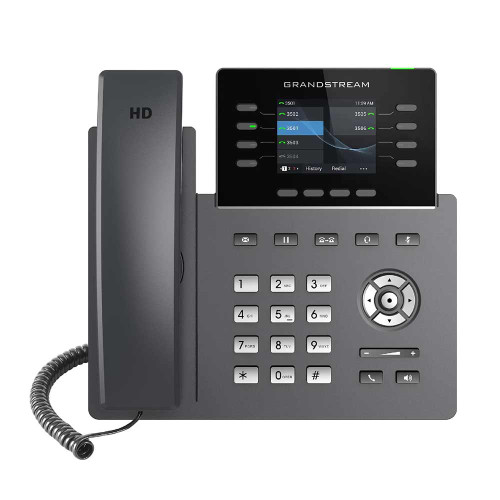 Grandstream GRP2624 front view showing 8-line carrier-grade IP phone with color display, keypad, navigation buttons, and handset