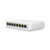 Angled front view of Ubiquiti USW-LITE-8-POE with compact 8-port managed switch and a fanless design