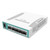 MikroTik CRS106-1C-5S angled front view showing 5 SFP ports, Gigabit combo port, power input, and desktop fiber switch enclosure