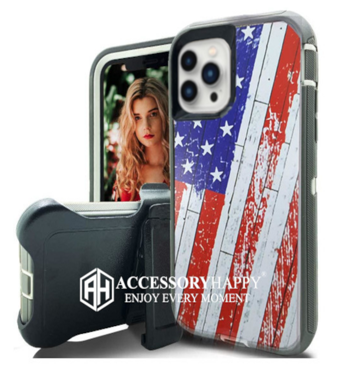 Armor Rugged Defender Case for iPhone 13 PRO Max(6.7") Protective Case with Belt Clip Holster, Heavy Duty-US FLAG