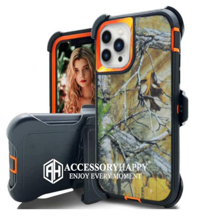 Armor Rugged Defender Case for iPhone 13 PRO Max(6.7") Protective Case with Belt Clip Holster, Heavy Duty-Orange Camo