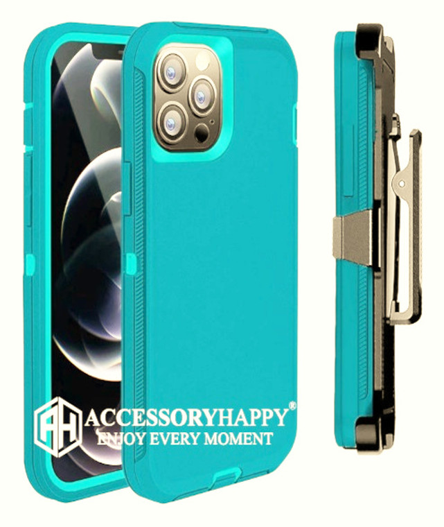 Armor Rugged Defender Case for iPhone 12 PRO Max(6.7") Protective Case with Belt Clip Holster, Heavy Duty-TEAL