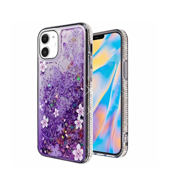 iPhone 12 Mini Glitter Phone Case Girly Women Bling Sparkle Luxury Flowing Floating Quicksand Waterfall Clear Soft TPU Case Cover  - PURPLE BUTTERFLY