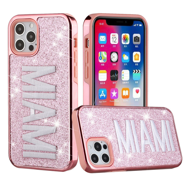 iPhone 13 Case with Protection, 2 in 1 Durable Hard PC+Soft Silicone Heavy Duty Shockproof Glitter Full Body Phone Protective Case Cover - MIAMI
