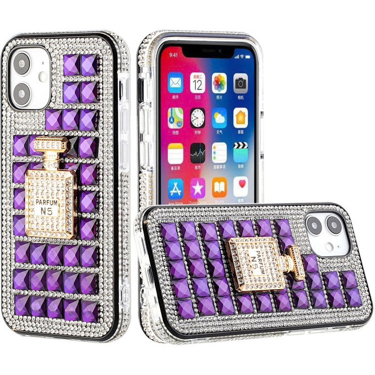 iPhone 12 iPhone 12 Pro Bling Case, Girls Women 3D Luxury Sparkle Glitter Diamond Crystal Rhinestone Pumpkin Car Charm Pendant Protective Case Cover for iPhone 13 6.1 inch (Perfume Bottle Purple)