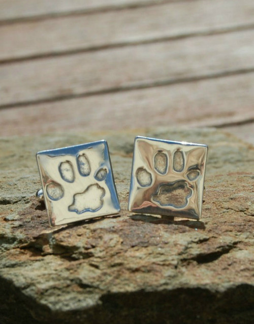 Fine silver square paw print cufflinks with sterling silver cufflink attachment