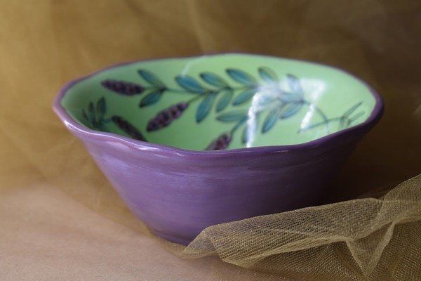 (DCB06-GLD) Deep Cereal Bowl- Green Lavender with Dragonfly