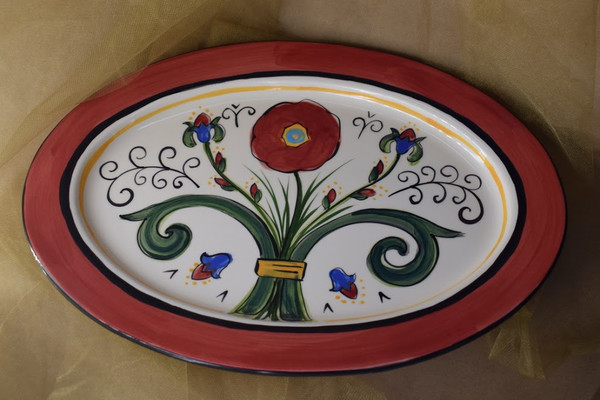 (OP15-RIM-H-VR) 15" Oval Platter with Rim and Horizontal Pattern- Venetian Red