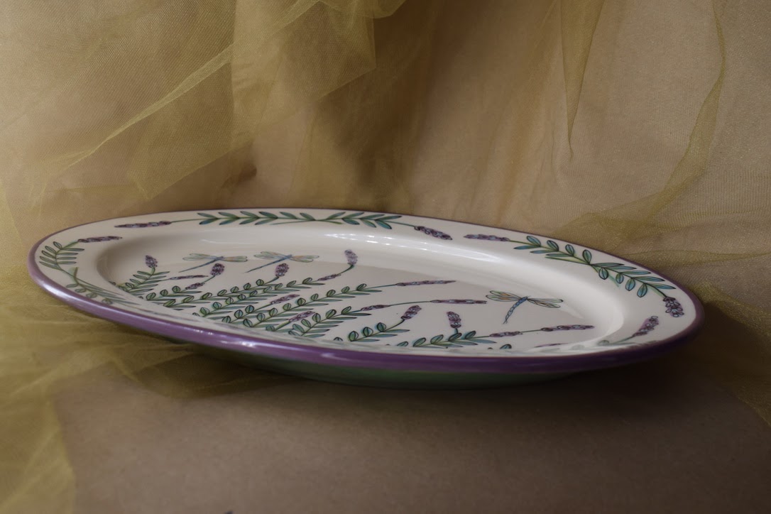 (OP15-RIM-WLD) 15" Oval Platter- White Lavender with Dragonfly