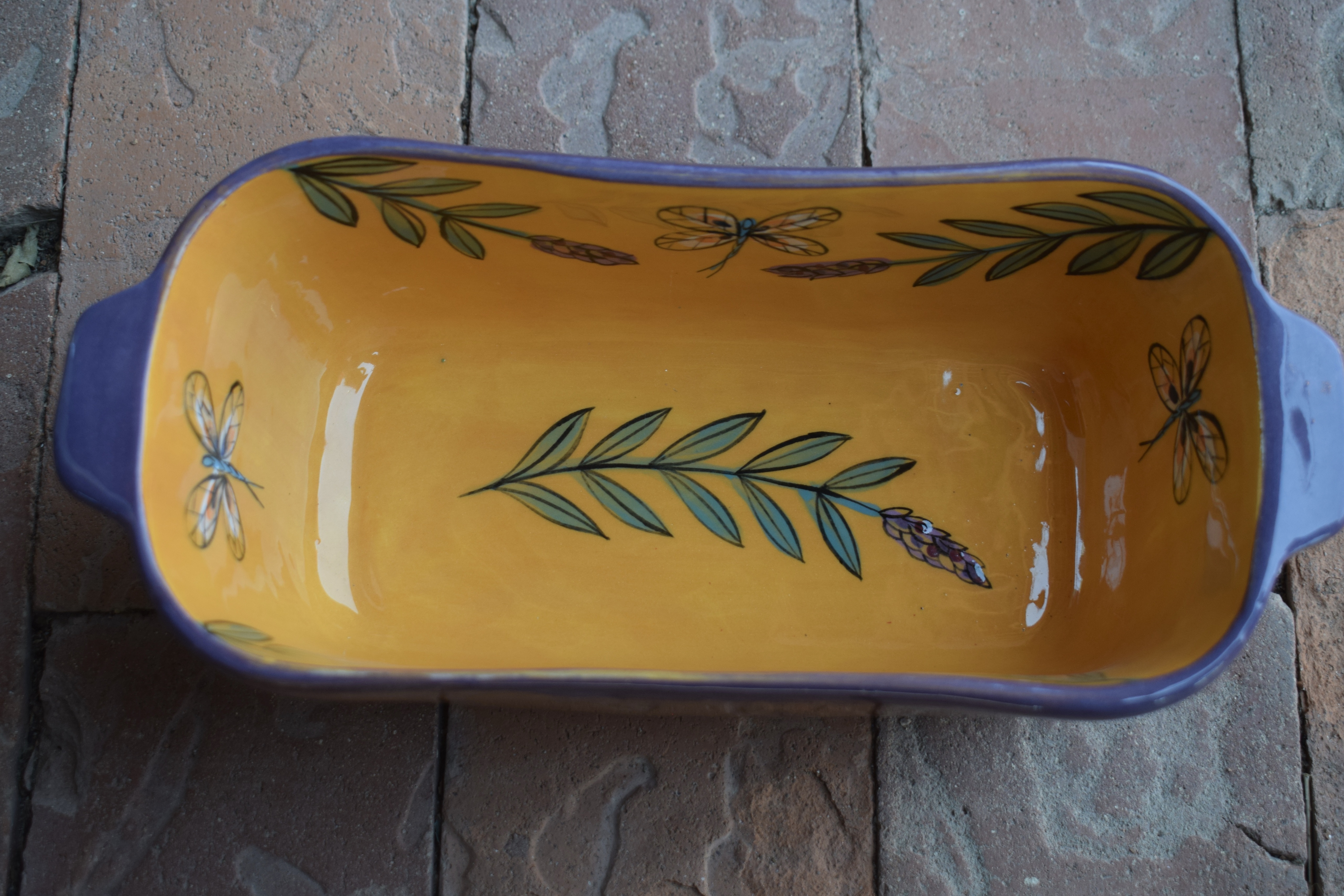 (RBD09-YLD) 9" Rectangular Baking Dish- Yellow Lavender with Dragonfly