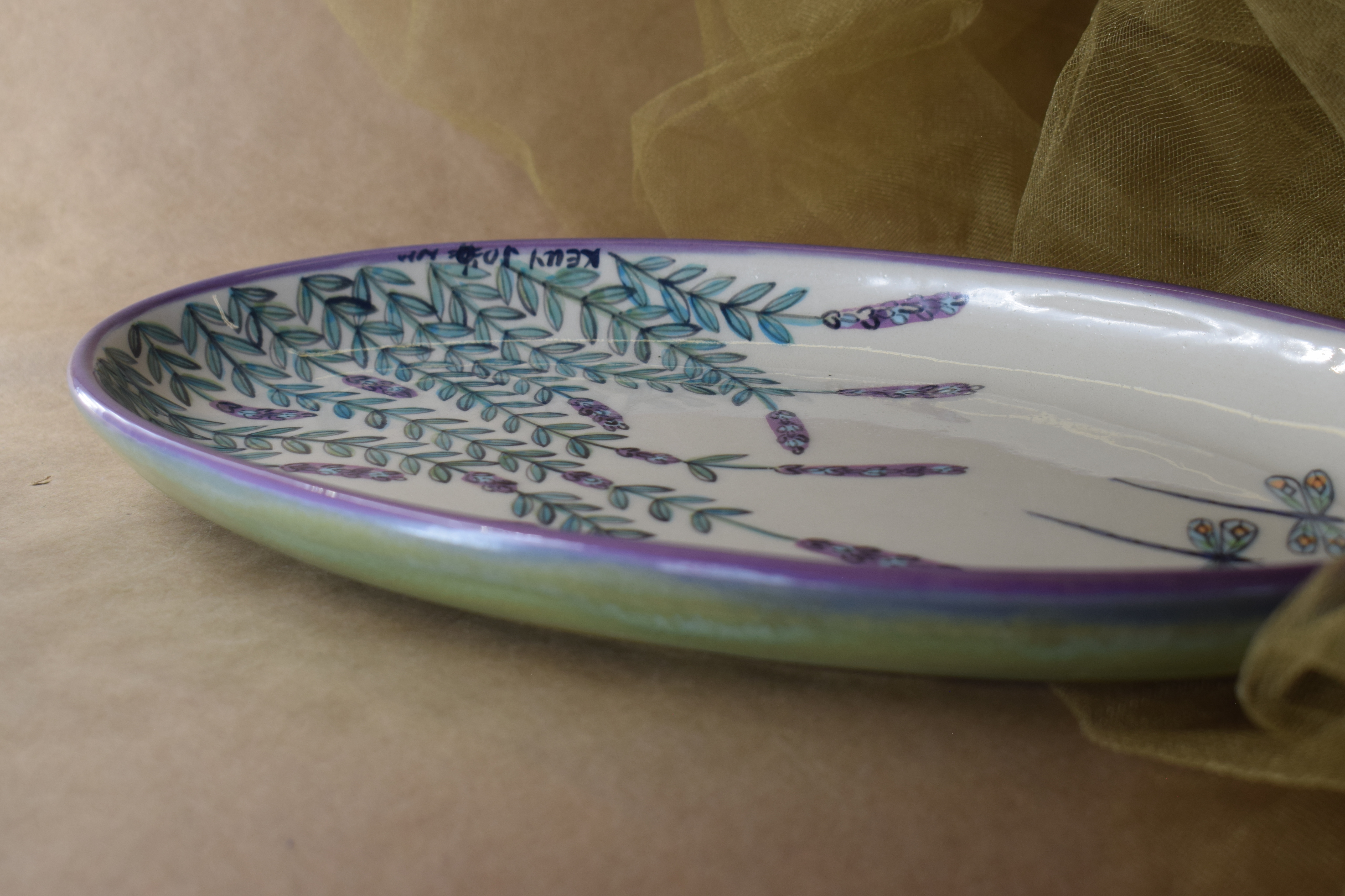 (OP12-WLD) 12" Oval Platter- White Lavender with Dragonfly