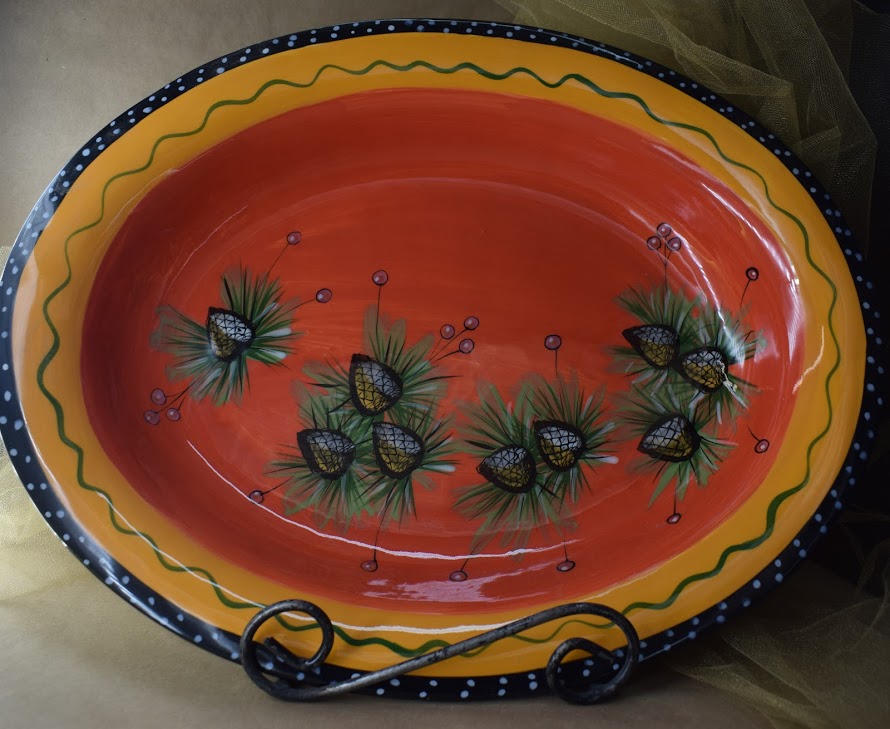 (OB16-PCR) 16" Oval Bowl- Pinecone Red