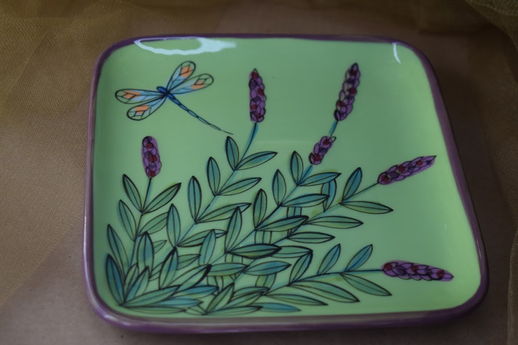 (SP08-GLD) 6" Square Platter- Green Lavender with Dragonfly