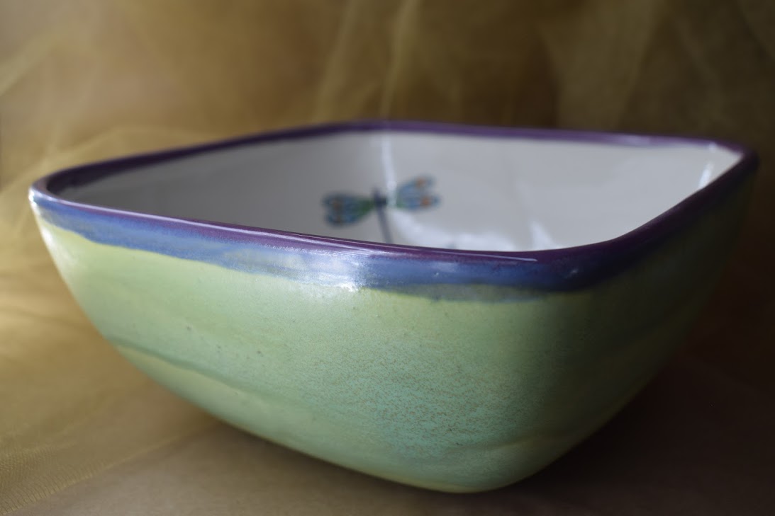 (DSB24-WLD) Deep Square Bowl- White Lavender with Dragonfly