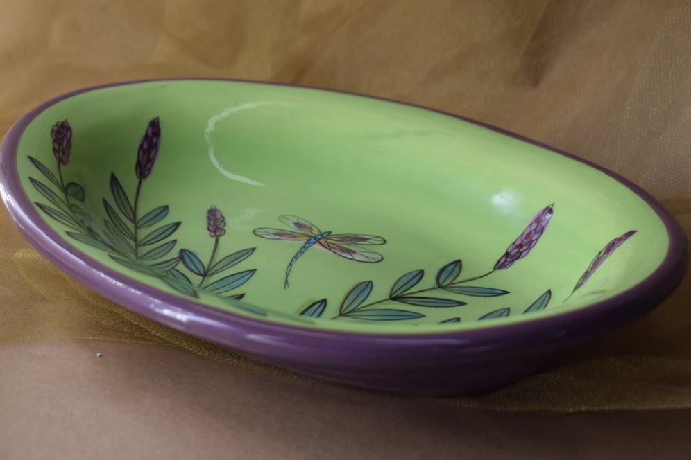 (CP20-GLD) 10" Oval Casserole- Green Lavender with Dragonfly