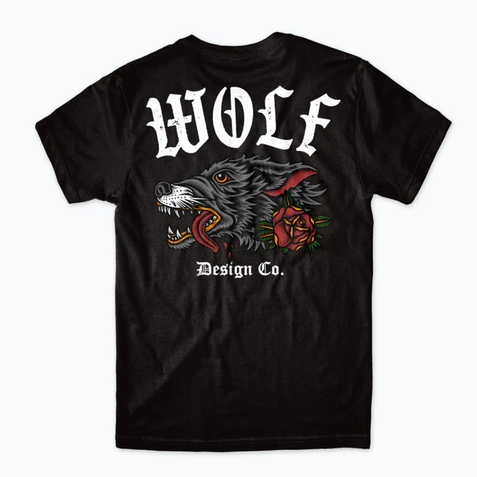 "Traditional Wolf"  

    Printed on a high quality  4.3oz 60% Combed Ring-Spun Cotton 40% Poly 
    Body width 1" Below armpit to armpit hole: S=19", M=20.5", L=22", XL=24", 2XL=26"
    Jersey fit shirt runs slim in torso and sleeves, size up if between sizes