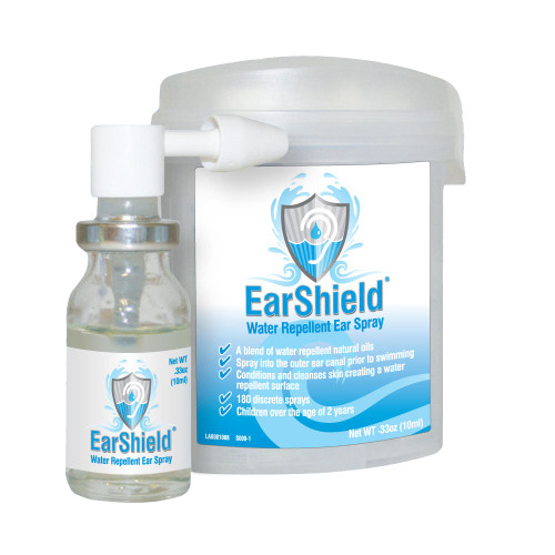 EarShield Water Repellent Ear Spray bottle and container with white pump dispenser, blue shield logo and labeling on white background
