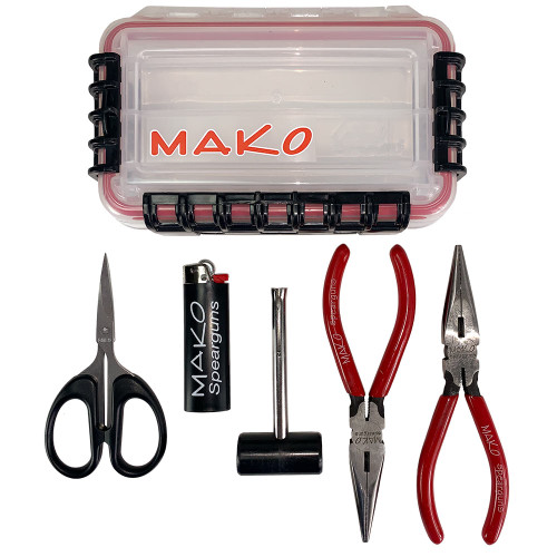 MAKO band tying kit with waterproof case containing scissors, pliers, and tools arranged below open clear storage box