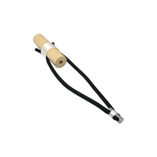Hawaiian Sling Wood Shooter with natural wood handles and black rubber band, angled view