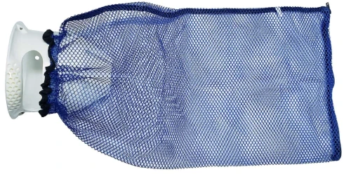 Blue mesh lobster bag with white plastic clasp, angled side view