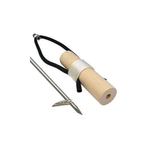 Hawaiian sling combo with natural wood handle, black rubber tubing, metal spear tip, and stainless steel shaft on white background
