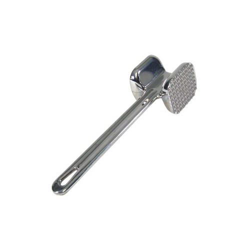 Stainless steel abalone pounder with textured head and long handle, angled view against white background