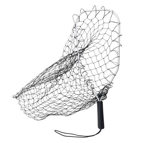 Stainless steel lobster net with mesh basket and black handle, angled view on white background