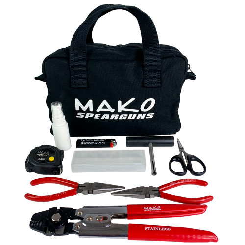 Mako Spearfishing Attack Pack tool kit displayed with black carry bag, pliers, scissors, and stainless steel tools arranged below