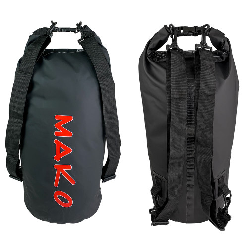 Black MARKO waterproof dry bag with red logo shown from front and back angles, featuring shoulder straps and roll-top closure