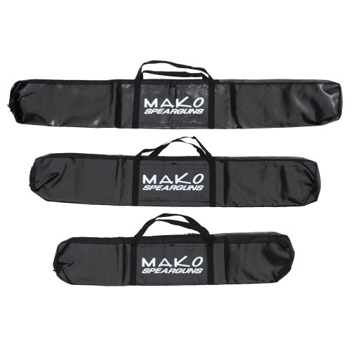 Three black Mako speargun bags stacked vertically, each with white logo and carrying handles, displayed against white background