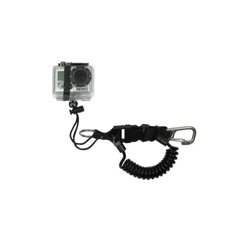 Silver and black action camera mounted on black coiled lanyard with wrist strap attachment, displayed at angle against white background