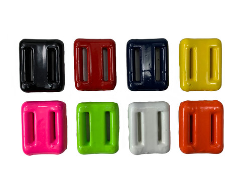 Eight vinyl coated 2 pound dive weights in black, red, navy, yellow, hot pink, green, silver, and orange arranged in two rows