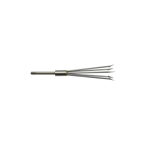 Stainless steel 5-prong paralyzer pole spear tip with barbed prongs fanned outward, shown against white background