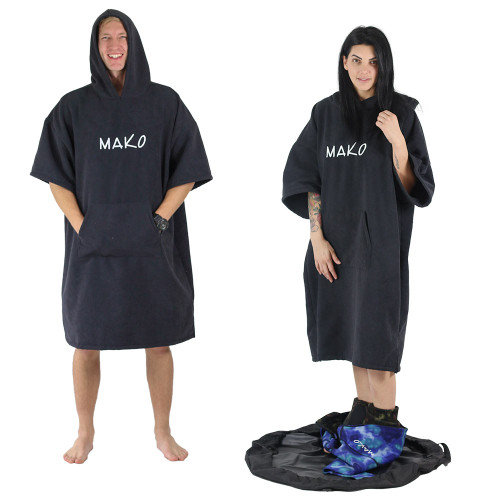 Black MAKO dive surf poncho shown on two models from front and side angles, demonstrating hood and kangaroo pocket design