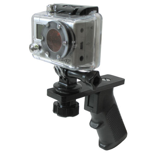 AR15 Go Pro Handle with transparent action camera mounted on black tactical grip, side view