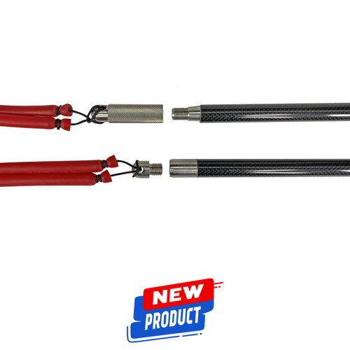 Two red conventional pole spear butts with metal connectors displayed against black carbon shafts, new product badge below
