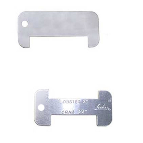 Two Lobster Gauge sizing tools shown from top view, white and metal versions with measurement slots and hanging holes