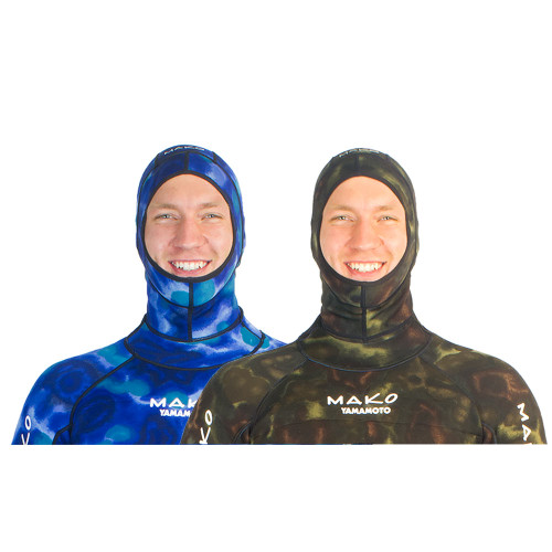 Two divers wearing reversible wetsuit hoods in blue camo and green camo patterns, front-facing view