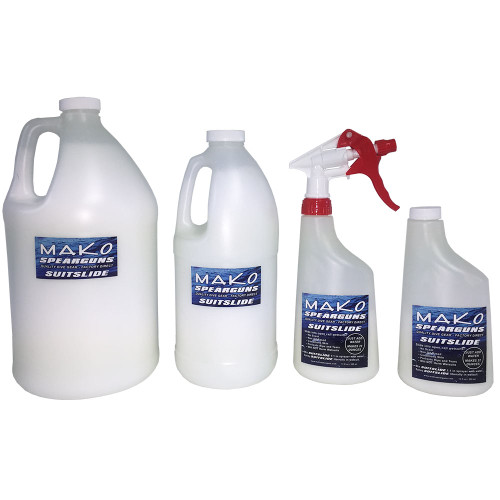 Mako Suit Slide wetsuit lubricant in four bottle sizes: large gallon jug, medium bottle, spray bottle with red trigger, and small squeeze bottle