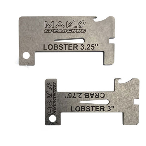 Mako Spearguns stainless steel lobster gauge multi-tool showing 3.25" and 3" measurement slots for compliance testing